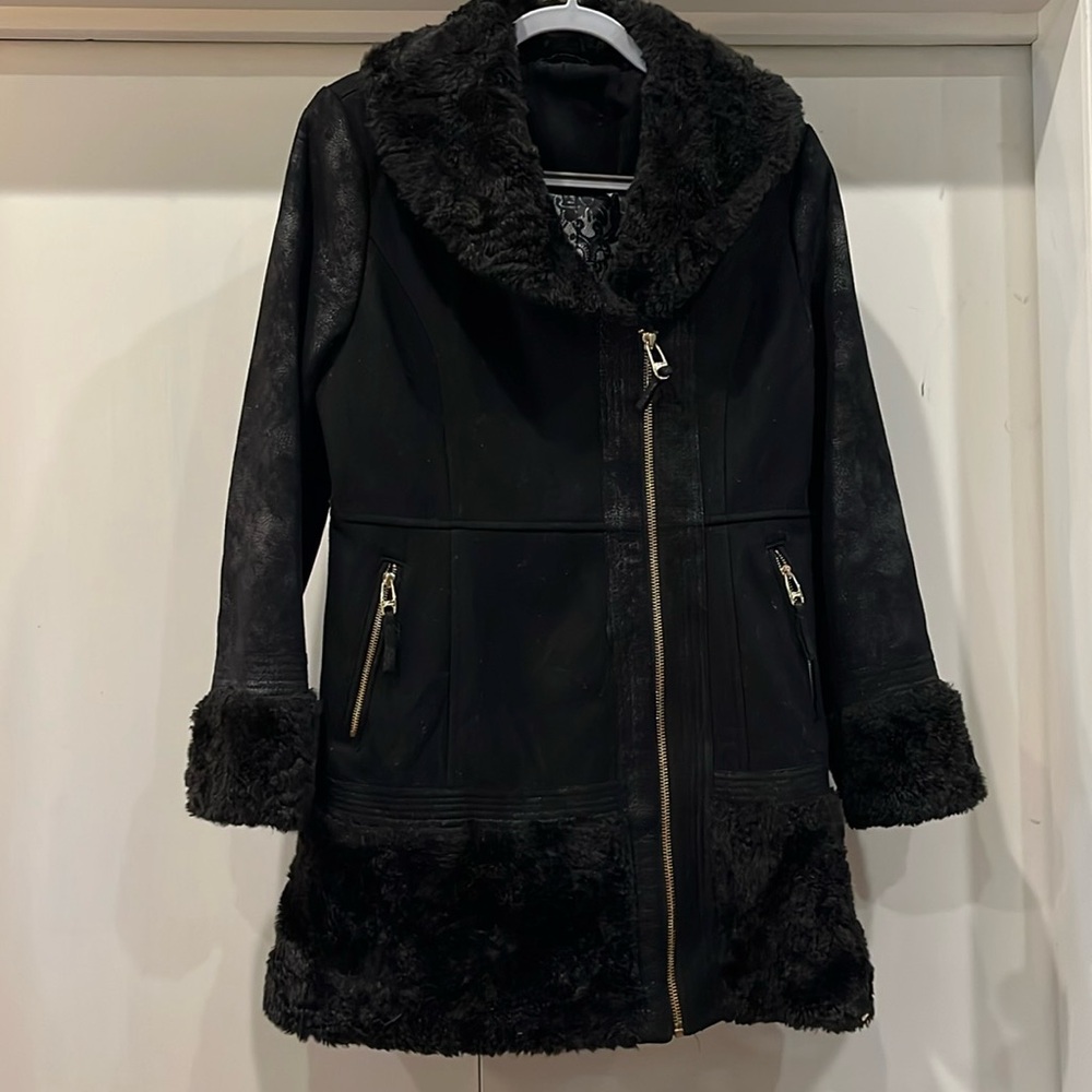 Guess Midi Wool Coat Jacket Women's Size Medium Faux Fur Collar